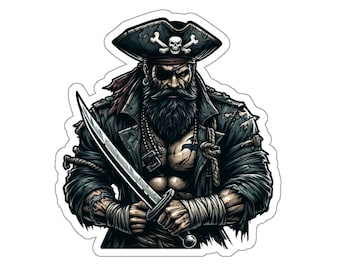 Pirate mâle 9 (autocollant en vinyle, autocollant en vinyle, ordinateur portable, gobelet, ordinateur portable, coffre-fort, pirates, aventure, voile, trésor, drapeau noir, Jolly roger)