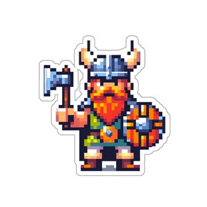 Puede incluir: Ilustración de arte de píxeles de un guerrero vikingo con barba roja, que lleva un casco con cuernos y sostiene un hacha y un escudo.