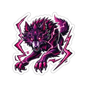 Könnte beinhalten: Ein schwarzer Wolf mit rosa Blitzen um ihn herum. Der Wolf hat glühende rote Augen und knurrt.