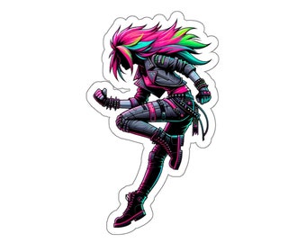 Femme punk néon (autocollant en vinyle, décalcomanie en vinyle, ordinateur portable, gobelet, bloc-notes, coffre-fort)