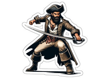 Homme pirate 5 (autocollant en vinyle, autocollant en vinyle, ordinateur portable, gobelet, ordinateur portable, coffre-fort, pirates, aventure, voile, trésor, drapeau noir, Jolly roger)
