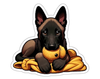 May include: A black and brown Belgian Malinois puppy is lying on a yellow blanket with a yellow stuffed animal. The puppy is looking at the camera with its mouth slightly open.