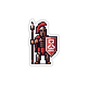 Puede incluir: Pegatina de arte de píxeles de un guerrero con armadura roja y marrón que sostiene una lanza y un escudo con un símbolo rojo y blanco.