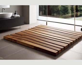 Real Wood Bathroom Mat, Luxury Quality Bath Mat, Waterproof Bathroom Floor, Non Slip Rubber Shower Coating, High Durable Caravan Furniture