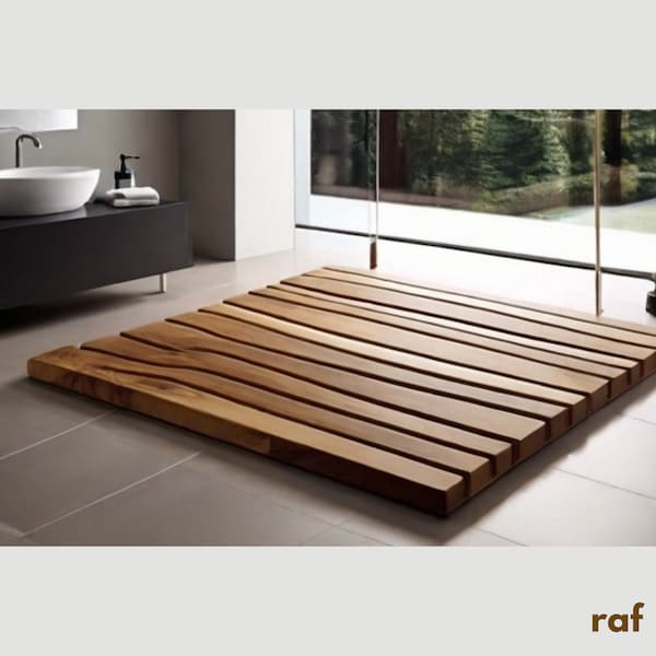 Real Wood Bathroom Mat, Luxury Quality Bath Mat, Waterproof Bathroom Floor, Non Slip Rubber Shower Coating, High Durable Caravan Furniture