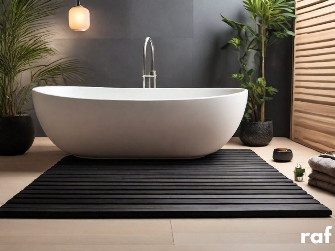 Black Wood Bathroom Mat, Handmade Real Wood Bathroom Mat, Luxury ...