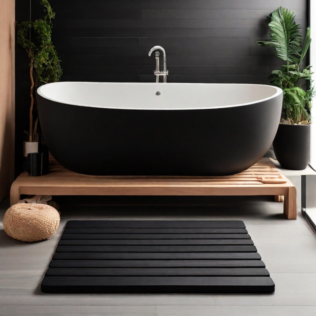 Black Water-resistant Wooden Bath Mat Handmade Shower Mat With Custom ...