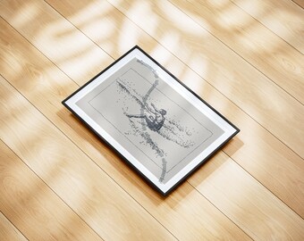 May include: A framed black and white illustration of a person surfing a wave. The illustration is made up of small dots.