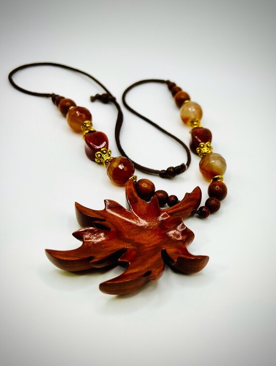 Carved Leaf Statement Beaded Necklace - image 2