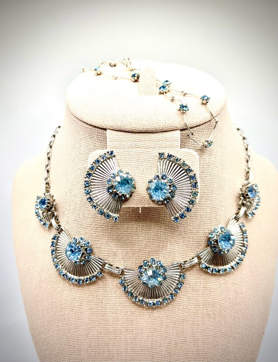 Blue and Silver Fan Necklace, Earrings and Bracel… - image 1