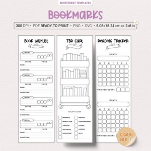 Pacote de 8 marcadores para impressão de leitura/livro/rastreador de metas | PNG | PDF pronto para imprimir | SVG | Apenas para uso pessoal