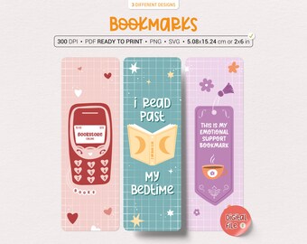 Set of 3 Bookish Quotes Bookmarks with Colorful Illustrations | PNG | PDF Ready to Print | SVG | For Personal Use Only