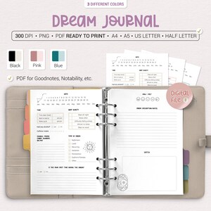3 Colores A4/A5/Carta/Media Carta Imprimible "Diario de Sueños" para Seguir tus Sueños / PDF Listo para Imprimir / PNG / Compatible con Goodnotes