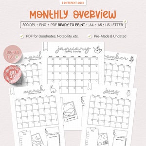 Planejador Bujo Bullet Journal pré-fabricado para impressão "Visão geral mensal" 12 meses (sem data) | PDF pronto para imprimir | PNG | Compatível com Goodnotes