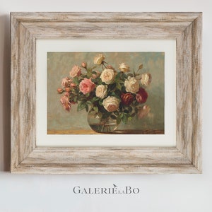 Vintage Floral Still Life in Frame  - Country Home Decor Wall Art Print Framed Painting