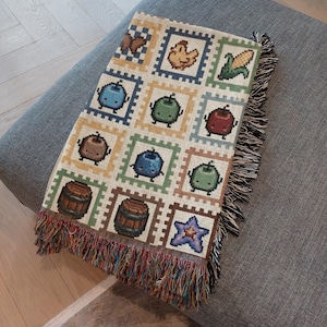 Stardew Valley vävd filt, Stardew-inspirerad spelfilt, Cottagecore-speldekor, filt med söta bondgårdsdjur, mysig spelpresent 100 % bomull bild 5