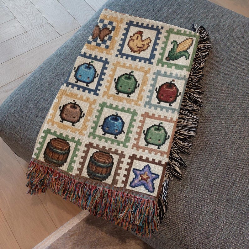 Stardew Valley vävd filt, Stardew-inspirerad spelfilt, Cottagecore-speldekor, filt med söta bondgårdsdjur, mysig spelpresent 100 % bomull bild 5
