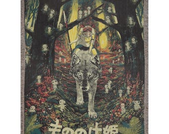 Vintage Anime Woven Blanket, Anime Nature Warrior Throw, Japanese Fantasy Tapestry, Dark Woodland Aesthetic Decor 100% cotton