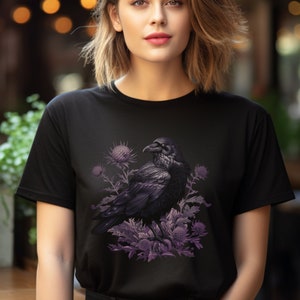 Whimsigoth Raven and thistles Shirt Gothic Raven Shirt Boho Crow Shirt Boho Raven Tshirt Witchy Shirt Dark Academia Ravens Shirt