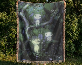 Anime Forest Spirit woven Blanket Japanese Nature Anime Throw Cottagecore Aesthetic Tapestry, Fantasy Woodland Decor 100% cotton sofa throw
