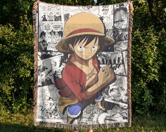 Anime Pirate Woven Blanket, Straw Hat Captain Throw, Manga Collage Art Tapestry, Shonen Anime Decor, Otaku Room Gift