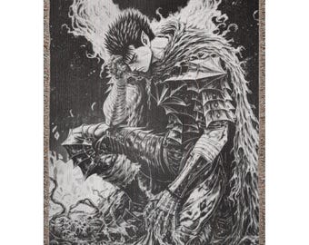 Anime and Manga Woven Blanket, Gothic Anime Knight Throw, Black And White Manga Tapestry, Berserker Aesthetic Decor 100% cotton