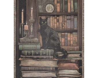 Black Cat Woven Blanket: Dark Academia Goth Library Tapestry