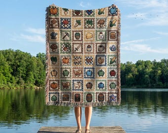 Stardew Valley Woven Blanket, Stardew Inspired Gamer Throw, Cottagecore Gaming Decor, Cute Farm Animals Blanket, Cozy Gamer Gift 100% cotton