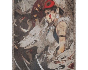 Anime and Manga Woven Blanket, Wolf Spirit Girl Throw, Japanese Nature Tapestry, Dark Fantasy Aesthetic, Studio Style Decor 100% cotton