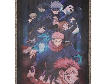Vintage Anime Woven Blanket, Cursed Energy Throw, Anime Group Aesthetic Tapestry, Cozy Manga Gift For Gamers 100% cotton