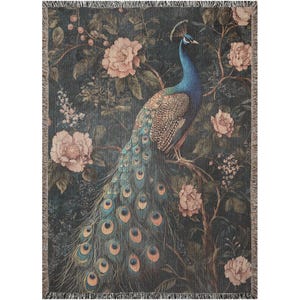 Peacock Woven Blanket Vintage Cottagecore Woodland Decor Woven Throw Tapestry William Morris inspired Throw Blanket Peacock Woven Fringe