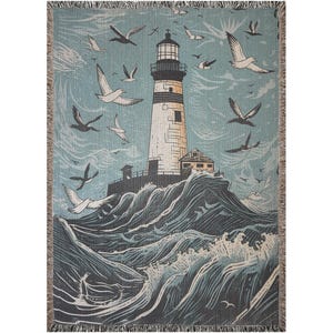 Lighthouse Woven Blanket Boho Knitted Wall Art Tapestry Fringed Blanket Woven Blanket Aesthetic Tapestry Woven Throw Tapestry Woven Fringe