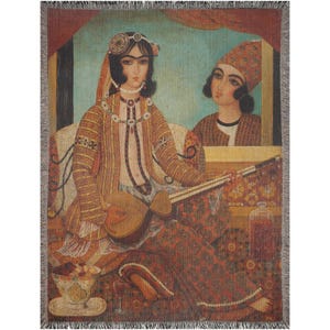 May include: Woven throw blanket featuring a Persian miniature painting. The artwork depicts two figures, one playing a stringed instrument. The color palette includes shades of brown, red, and gold, with a turquoise background. The blanket has a fringed edge.