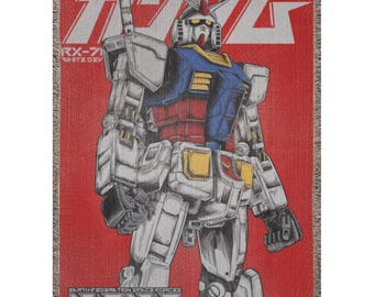 Retro Anime Woven Blanket, Mobile Suit Anime Throw, Mecha Robot Tapestry, Retro Sci Fi Manga Art Decor, Anime Gift, Otaku Room 100% cotton