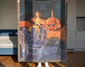 Vintage Anime Woven Blanket Vintage Sci-Fi Robot Throw Emotional Anime Style Wall Art Space Aesthetic Decor Nostalgic Mecha Gift 100% cotton