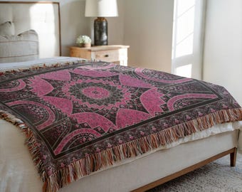 Pink Mandala Woven Blanket 100% cotton Throw Psychedelic Pattern Blanket Spiritual Wall Decor Maximalist Aesthetic Persian style