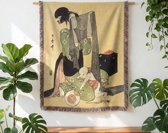 Needlework (Kitagawa Utamaro) Woven Blanket 100% Cotton Wall Tapestry Home Decor Japanese Woven Blanket Japanese Ukiyoe Art Throw sofa throw