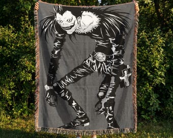 Gothic Anime Shinigami woven Blanket Black White Anime Throw Horror Manga Aesthetic Tapestry, Edgy Room Decor, Grunge Otaku Gift 100% cotton