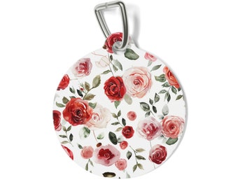 Médaille d'identité pour chien personnalisable fantaisiste rose et rose rouge, première médaille d'identification florale rose pour chiot, médaille d'identité pour chiot rose et verdure