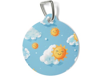 Médaille d'identification personnalisable soleil et nuages, médaille d'identité personnalisée pour le premier jour d'été du chiot, médaille d'identité personnalisée ciel bleu et nuages pour chien ou chat