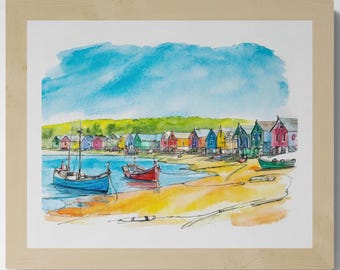 Coastal Harbor Watercolor Print: Nautical Village Art