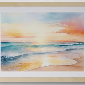 Küsten Sonnenuntergang Aquarell Druck: Pastell Ozean Wandkunst
