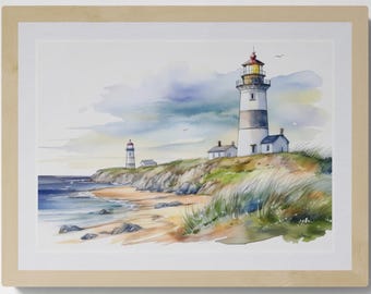 Coastal Lighthouse Watercolor Print: Nautical Cottage Wall Art