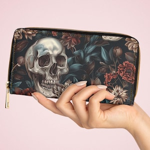 Cartera de calavera gótica con cremallera, regalo de humor negro para amantes del gótico, accesorio de Halloween de temporada espeluznante, cartera de temática espeluznante