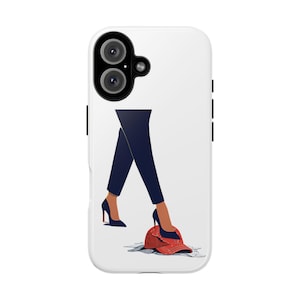 May include: A white phone case with a black and white illustration of a person in blue pants and high heels stepping on a red baseball cap.