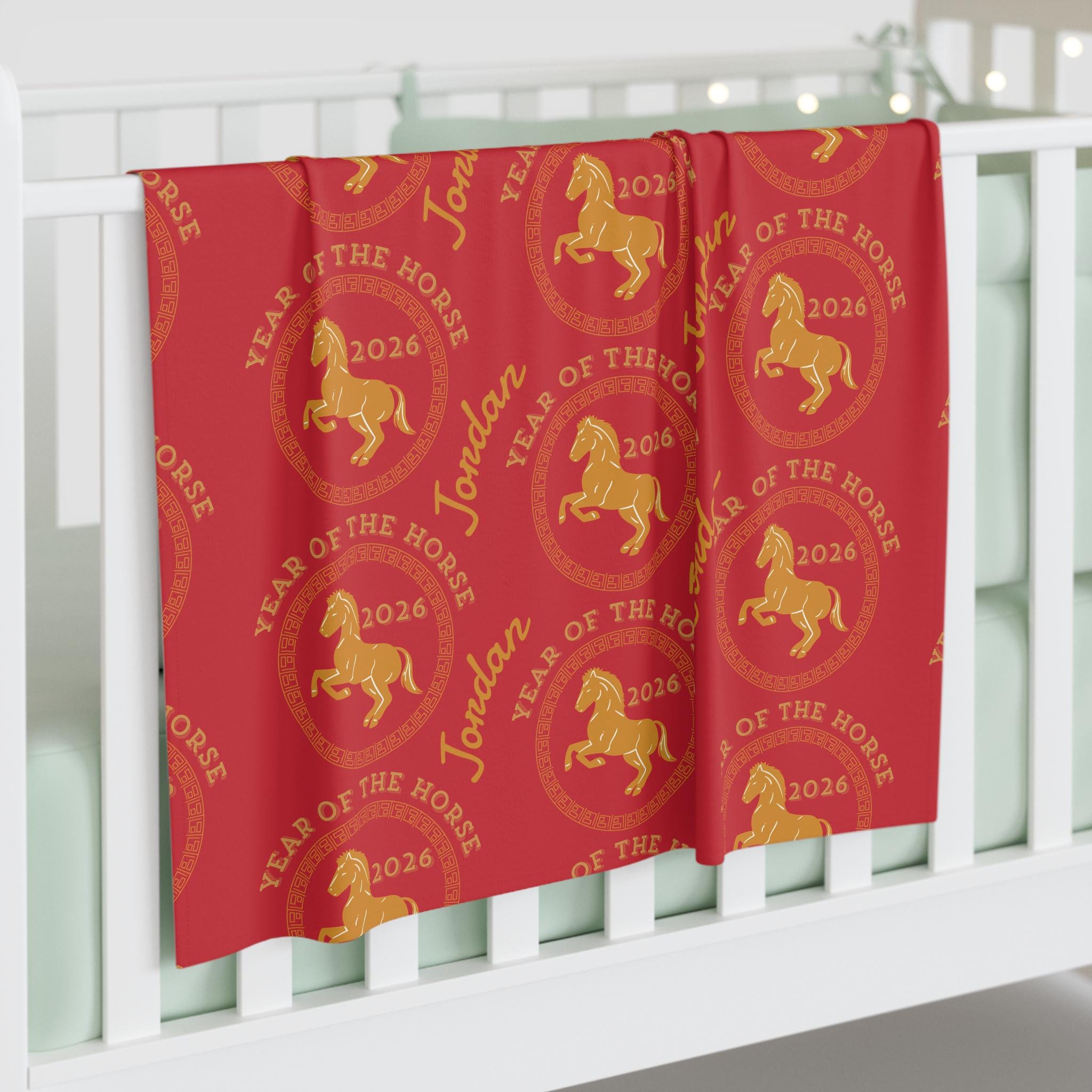 Personalized Year of the Horse 2026 Baby Swaddle Blanket | Red