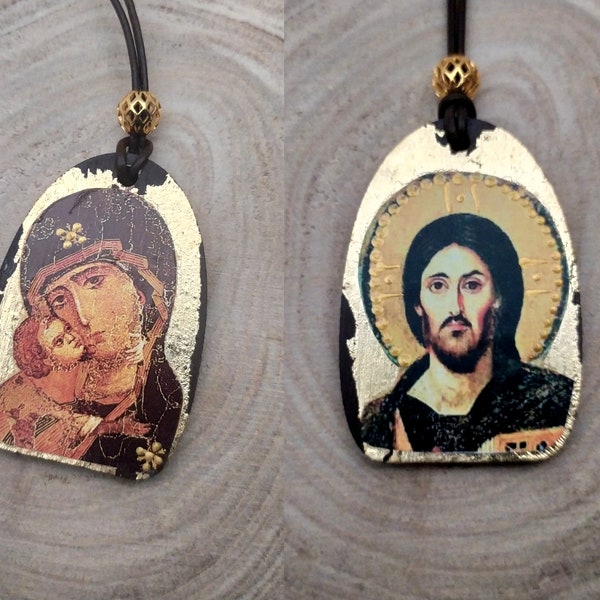 Christian Amulet, Wooden with Virgin of Vladimir or Jesus Christ Pantokrator Sinai, Handcrafted religious charm for car and house
