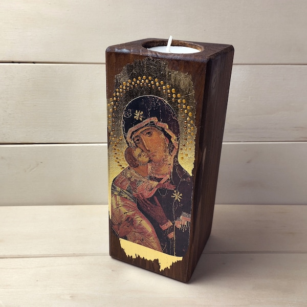 Christian tea light holder, Wooden with Virgin of Vladimir and Jesus Christ Sinai, Handcrafted candle holder, religious gift