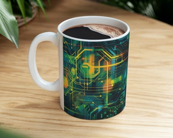 Puede incluir: Taza de cerámica blanca con asa. La taza tiene un diseño de placa de circuito con colores verde, amarillo y azul.