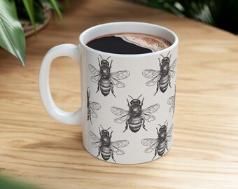 Honeybee Squadron Line Art Pattern Coffee Cup, Honeybees Mug, Honey Bee Sketch Design, Nature Spring Picnic, Gift Idea For Housewarming